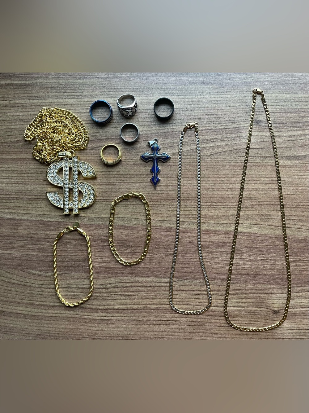 Men's Jewelry Mega Lot 11 Pc New Heavy Gold Chains Rings Cross Dollar